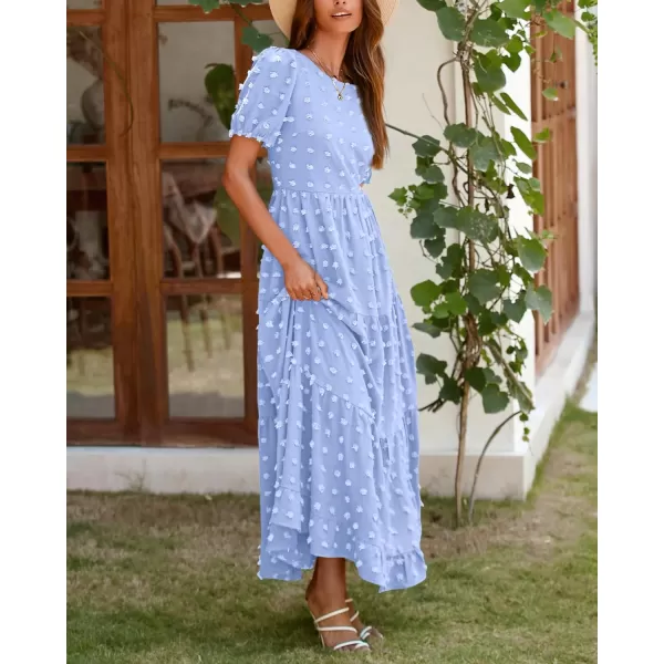 imageBTFBM Women Summer Boho Maxi Dress Casual Short Sleeve Swiss Dot A Line Ruffle Tiered Flowy Long Dresses with PocketSwiss Dot Light Blue