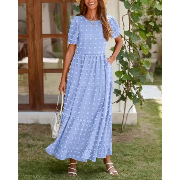 imageBTFBM Women Summer Boho Maxi Dress Casual Short Sleeve Swiss Dot A Line Ruffle Tiered Flowy Long Dresses with PocketSwiss Dot Light Blue