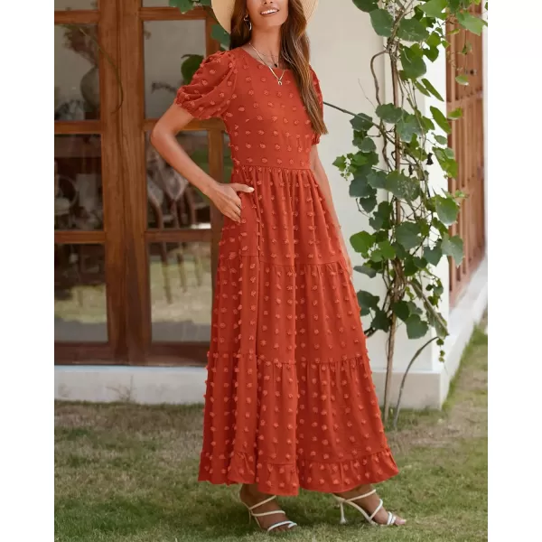 imageBTFBM Women Summer Boho Maxi Dress Casual Short Sleeve Swiss Dot A Line Ruffle Tiered Flowy Long Dresses with PocketSwiss Dot Orange Red