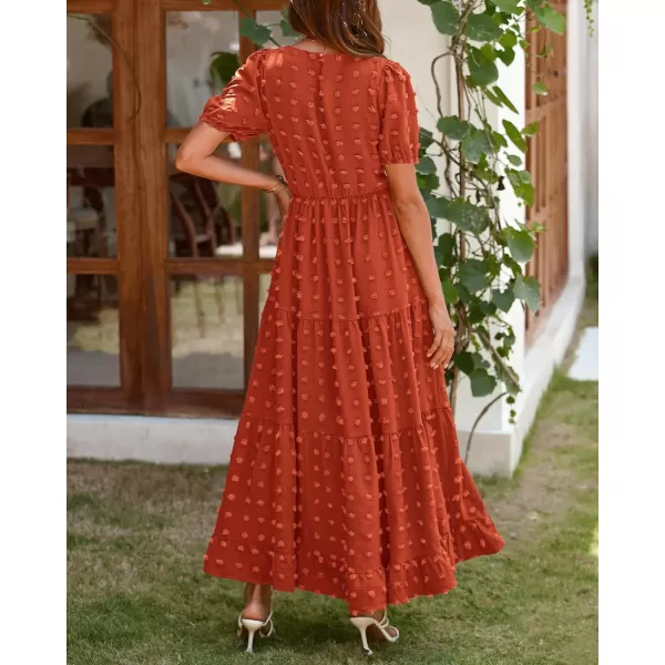 imageBTFBM Women Summer Boho Maxi Dress Casual Short Sleeve Swiss Dot A Line Ruffle Tiered Flowy Long Dresses with PocketSwiss Dot Orange Red
