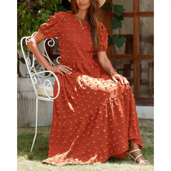 imageBTFBM Women Summer Boho Maxi Dress Casual Short Sleeve Swiss Dot A Line Ruffle Tiered Flowy Long Dresses with PocketSwiss Dot Orange Red