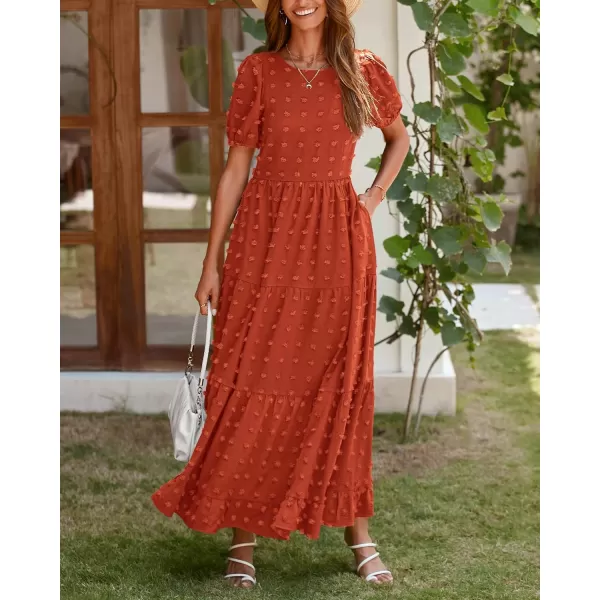 imageBTFBM Women Summer Boho Maxi Dress Casual Short Sleeve Swiss Dot A Line Ruffle Tiered Flowy Long Dresses with PocketSwiss Dot Orange Red