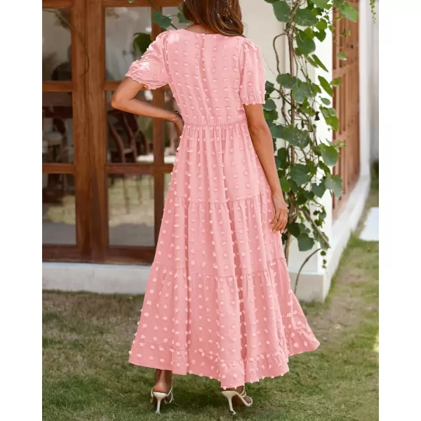 imageBTFBM Women Summer Boho Maxi Dress Casual Short Sleeve Swiss Dot A Line Ruffle Tiered Flowy Long Dresses with PocketSwiss Dot Pink
