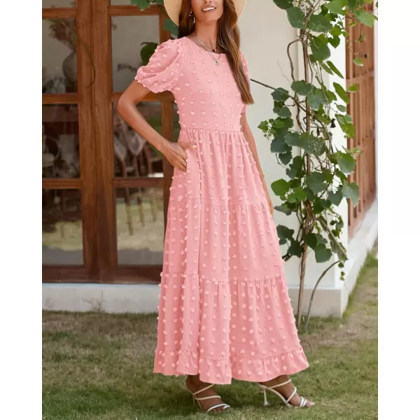 imageBTFBM Women Summer Boho Maxi Dress Casual Short Sleeve Swiss Dot A Line Ruffle Tiered Flowy Long Dresses with PocketSwiss Dot Pink