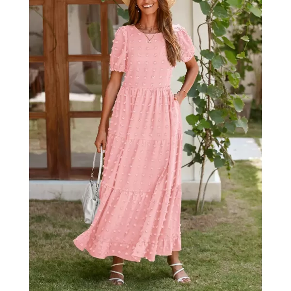 imageBTFBM Women Summer Boho Maxi Dress Casual Short Sleeve Swiss Dot A Line Ruffle Tiered Flowy Long Dresses with PocketSwiss Dot Pink
