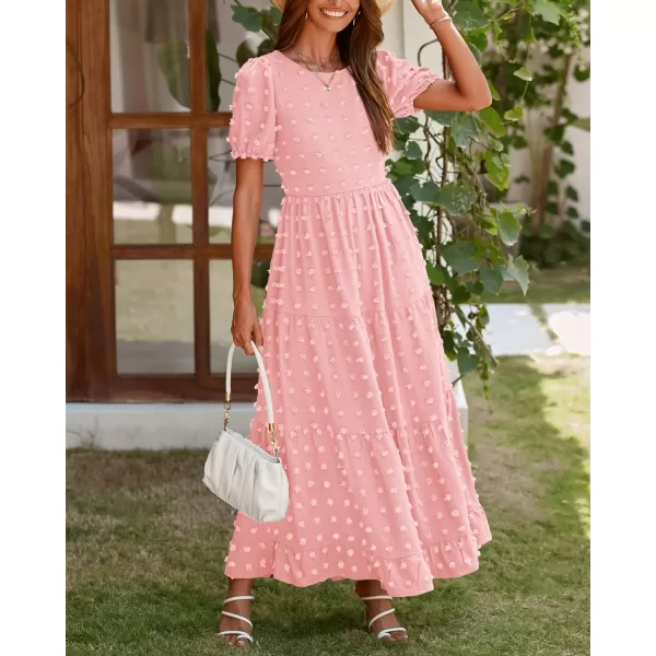 imageBTFBM Women Summer Boho Maxi Dress Casual Short Sleeve Swiss Dot A Line Ruffle Tiered Flowy Long Dresses with PocketSwiss Dot Pink