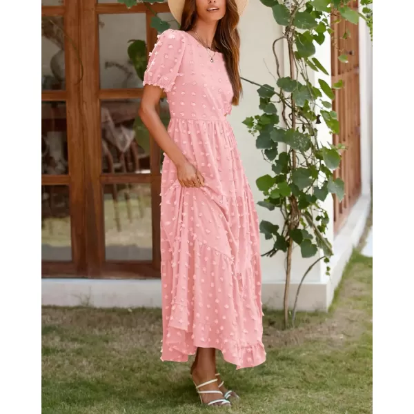 imageBTFBM Women Summer Boho Maxi Dress Casual Short Sleeve Swiss Dot A Line Ruffle Tiered Flowy Long Dresses with PocketSwiss Dot Pink