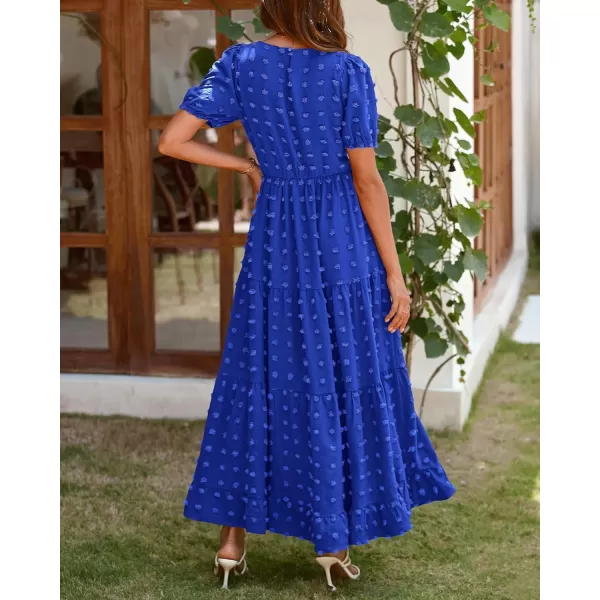 imageBTFBM Women Summer Boho Maxi Dress Casual Short Sleeve Swiss Dot A Line Ruffle Tiered Flowy Long Dresses with PocketSwiss Dot Royal Blue