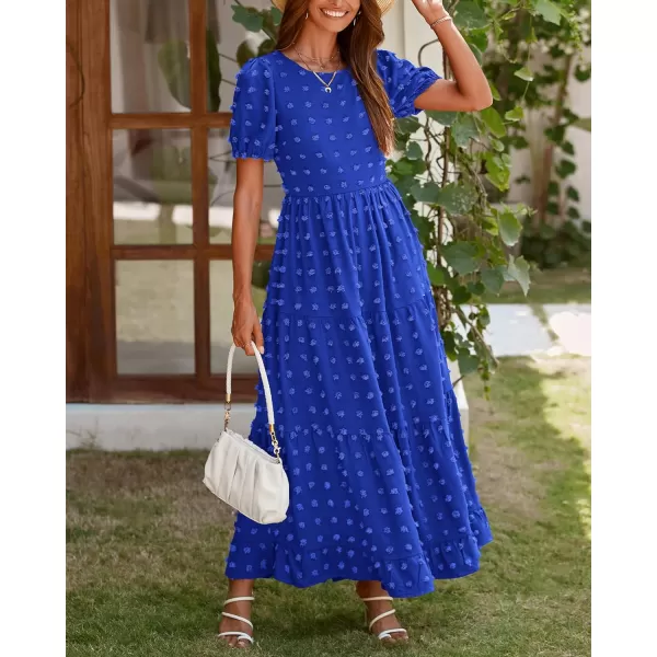 imageBTFBM Women Summer Boho Maxi Dress Casual Short Sleeve Swiss Dot A Line Ruffle Tiered Flowy Long Dresses with PocketSwiss Dot Royal Blue