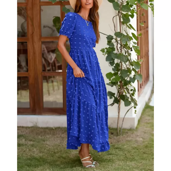imageBTFBM Women Summer Boho Maxi Dress Casual Short Sleeve Swiss Dot A Line Ruffle Tiered Flowy Long Dresses with PocketSwiss Dot Royal Blue
