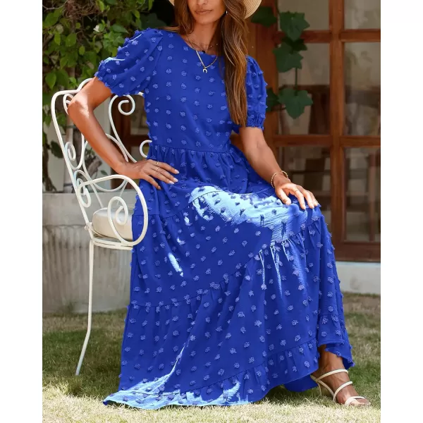 imageBTFBM Women Summer Boho Maxi Dress Casual Short Sleeve Swiss Dot A Line Ruffle Tiered Flowy Long Dresses with PocketSwiss Dot Royal Blue
