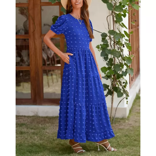 imageBTFBM Women Summer Boho Maxi Dress Casual Short Sleeve Swiss Dot A Line Ruffle Tiered Flowy Long Dresses with PocketSwiss Dot Royal Blue
