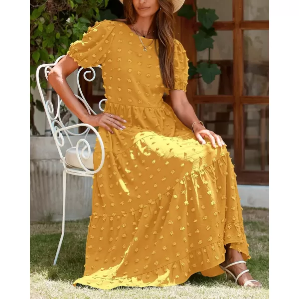 imageBTFBM Women Summer Boho Maxi Dress Casual Short Sleeve Swiss Dot A Line Ruffle Tiered Flowy Long Dresses with PocketSwiss Dot Yellow