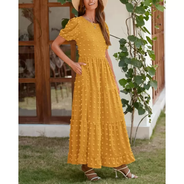 imageBTFBM Women Summer Boho Maxi Dress Casual Short Sleeve Swiss Dot A Line Ruffle Tiered Flowy Long Dresses with PocketSwiss Dot Yellow