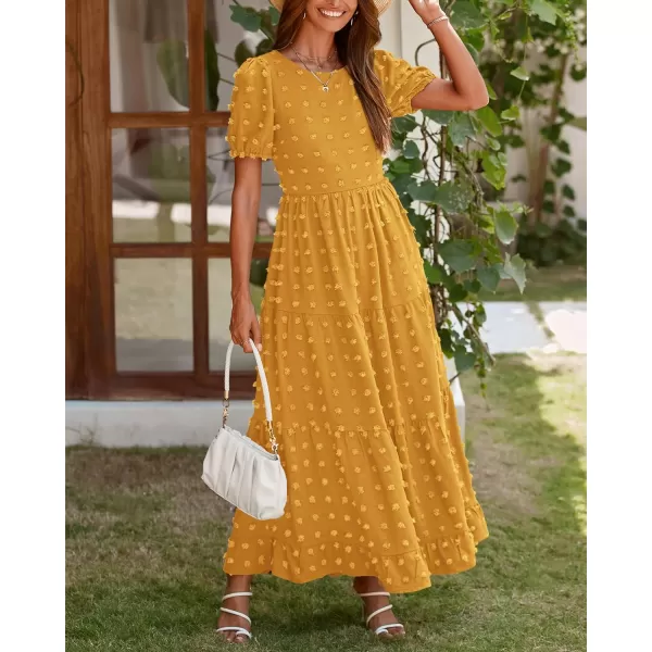 imageBTFBM Women Summer Boho Maxi Dress Casual Short Sleeve Swiss Dot A Line Ruffle Tiered Flowy Long Dresses with PocketSwiss Dot Yellow