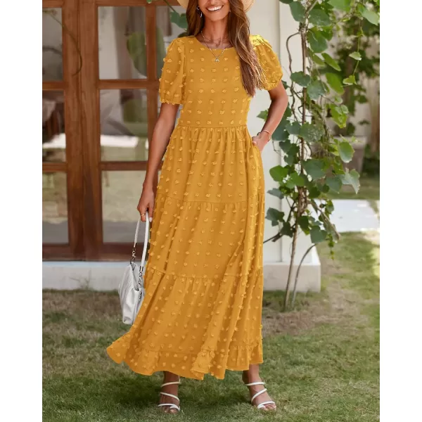 imageBTFBM Women Summer Boho Maxi Dress Casual Short Sleeve Swiss Dot A Line Ruffle Tiered Flowy Long Dresses with PocketSwiss Dot Yellow