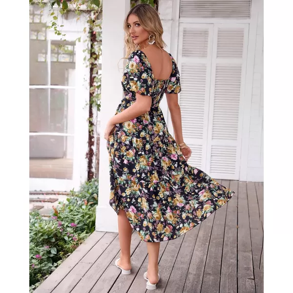 imageBTFBM Women Summer Dresses 2023 Casual Flowy Beach Square Neck Puff Short Sleeve Smocked Back Boho Floral Long Maxi DressFloral Black Yellow
