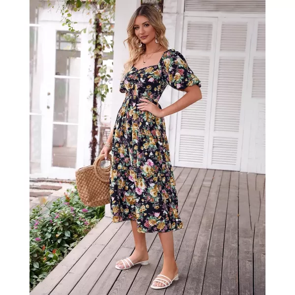 imageBTFBM Women Summer Dresses 2023 Casual Flowy Beach Square Neck Puff Short Sleeve Smocked Back Boho Floral Long Maxi DressFloral Black Yellow