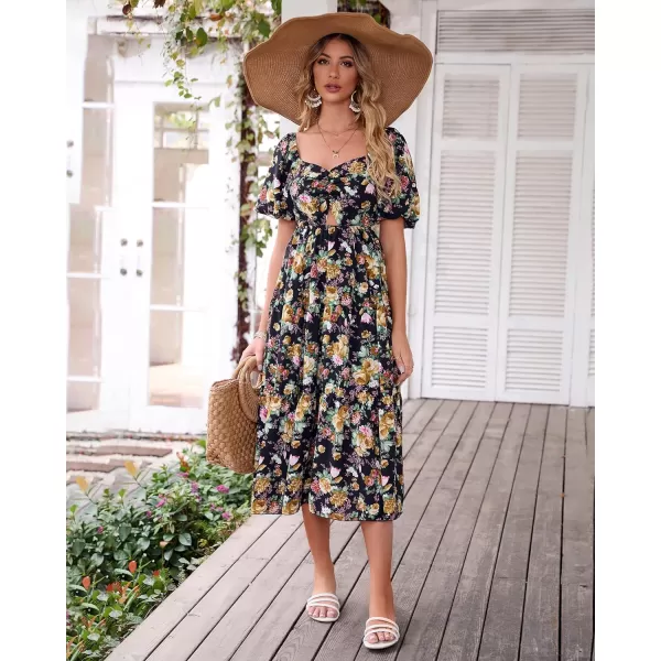 imageBTFBM Women Summer Dresses 2023 Casual Flowy Beach Square Neck Puff Short Sleeve Smocked Back Boho Floral Long Maxi DressFloral Black Yellow