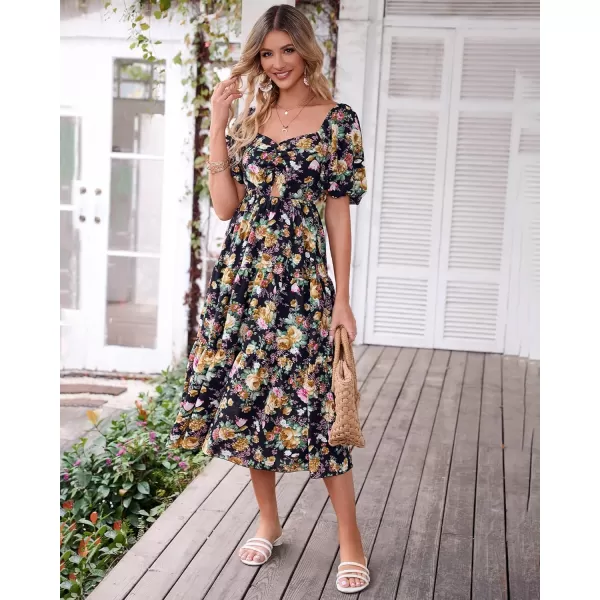 imageBTFBM Women Summer Dresses 2023 Casual Flowy Beach Square Neck Puff Short Sleeve Smocked Back Boho Floral Long Maxi DressFloral Black Yellow