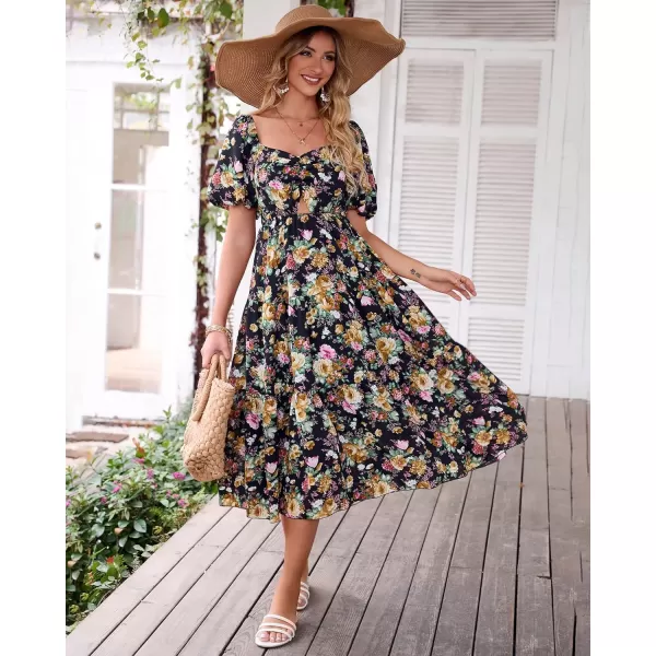 imageBTFBM Women Summer Dresses 2023 Casual Flowy Beach Square Neck Puff Short Sleeve Smocked Back Boho Floral Long Maxi DressFloral Black Yellow