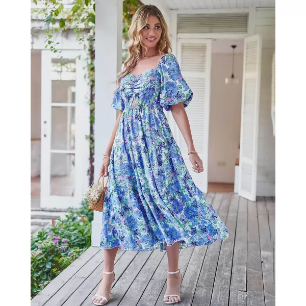 imageBTFBM Women Summer Dresses 2023 Casual Flowy Beach Square Neck Puff Short Sleeve Smocked Back Boho Floral Long Maxi DressFloral Blue
