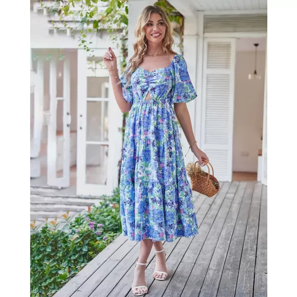imageBTFBM Women Summer Dresses 2023 Casual Flowy Beach Square Neck Puff Short Sleeve Smocked Back Boho Floral Long Maxi DressFloral Blue