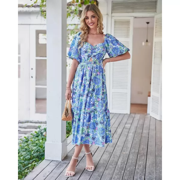 imageBTFBM Women Summer Dresses 2023 Casual Flowy Beach Square Neck Puff Short Sleeve Smocked Back Boho Floral Long Maxi DressFloral Blue
