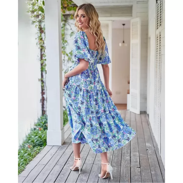 imageBTFBM Women Summer Dresses 2023 Casual Flowy Beach Square Neck Puff Short Sleeve Smocked Back Boho Floral Long Maxi DressFloral Blue