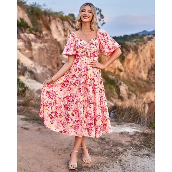 imageBTFBM Women Summer Dresses 2023 Casual Flowy Beach Square Neck Puff Short Sleeve Smocked Back Boho Floral Long Maxi DressFloral Pink Red