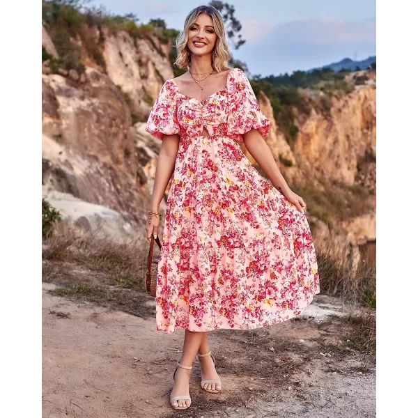 imageBTFBM Women Summer Dresses 2023 Casual Flowy Beach Square Neck Puff Short Sleeve Smocked Back Boho Floral Long Maxi DressFloral Pink Red