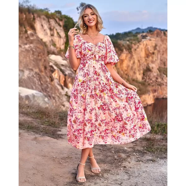 imageBTFBM Women Summer Dresses 2023 Casual Flowy Beach Square Neck Puff Short Sleeve Smocked Back Boho Floral Long Maxi DressFloral Pink Red