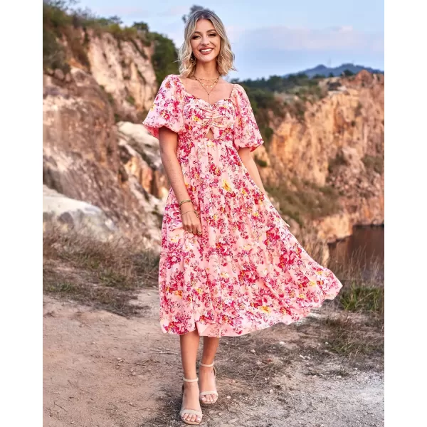 imageBTFBM Women Summer Dresses 2023 Casual Flowy Beach Square Neck Puff Short Sleeve Smocked Back Boho Floral Long Maxi DressFloral Pink Red