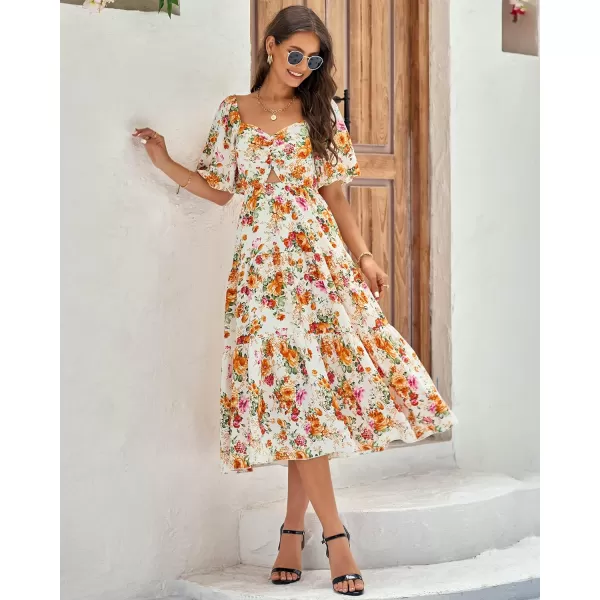 imageBTFBM Women Summer Dresses 2023 Casual Flowy Beach Square Neck Puff Short Sleeve Smocked Back Boho Floral Long Maxi DressFloral White Orange