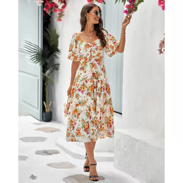 imageBTFBM Women Summer Dresses 2023 Casual Flowy Beach Square Neck Puff Short Sleeve Smocked Back Boho Floral Long Maxi DressFloral White Orange