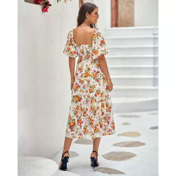 imageBTFBM Women Summer Dresses 2023 Casual Flowy Beach Square Neck Puff Short Sleeve Smocked Back Boho Floral Long Maxi DressFloral White Orange