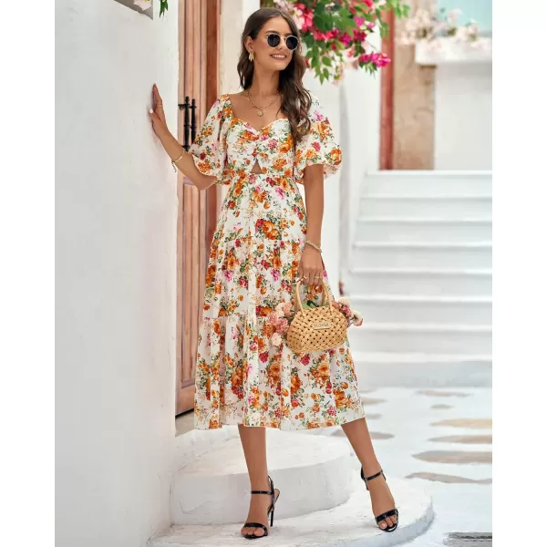 imageBTFBM Women Summer Dresses 2023 Casual Flowy Beach Square Neck Puff Short Sleeve Smocked Back Boho Floral Long Maxi DressFloral White Orange