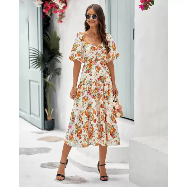 imageBTFBM Women Summer Dresses 2023 Casual Flowy Beach Square Neck Puff Short Sleeve Smocked Back Boho Floral Long Maxi DressFloral White Orange