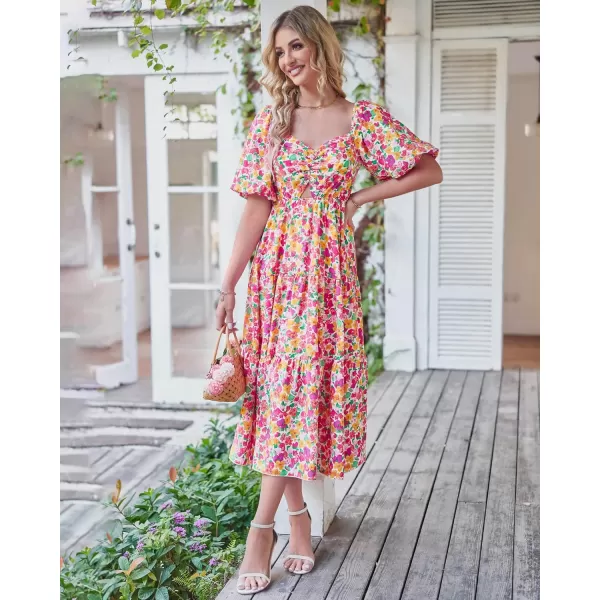 imageBTFBM Women Summer Dresses 2023 Casual Flowy Beach Square Neck Puff Short Sleeve Smocked Back Boho Floral Long Maxi DressFloral White Red