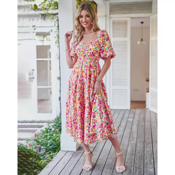 imageBTFBM Women Summer Dresses 2023 Casual Flowy Beach Square Neck Puff Short Sleeve Smocked Back Boho Floral Long Maxi DressFloral White Red