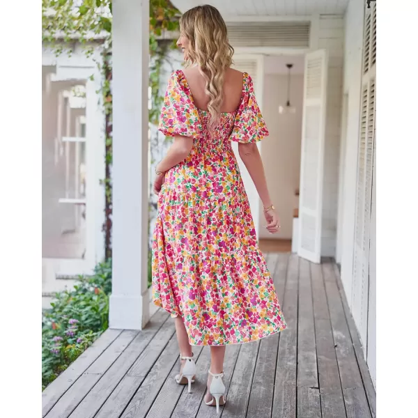 imageBTFBM Women Summer Dresses 2023 Casual Flowy Beach Square Neck Puff Short Sleeve Smocked Back Boho Floral Long Maxi DressFloral White Red