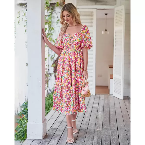 imageBTFBM Women Summer Dresses 2023 Casual Flowy Beach Square Neck Puff Short Sleeve Smocked Back Boho Floral Long Maxi DressFloral White Red