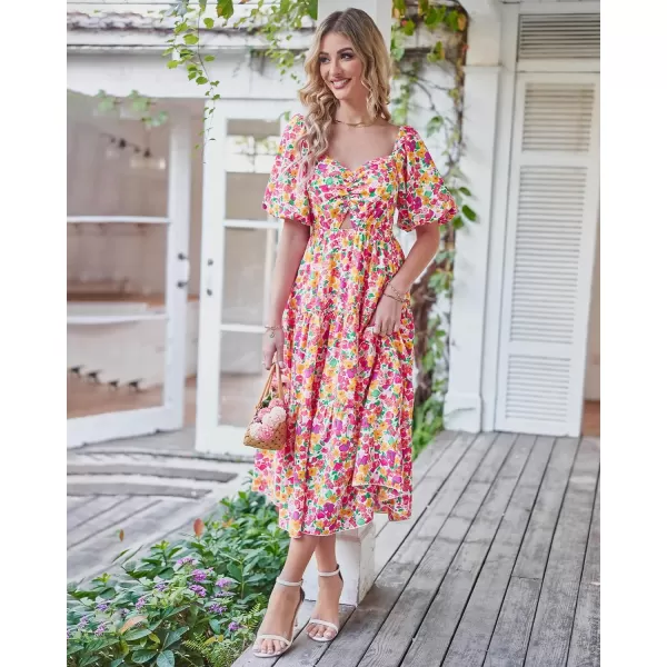 imageBTFBM Women Summer Dresses 2023 Casual Flowy Beach Square Neck Puff Short Sleeve Smocked Back Boho Floral Long Maxi DressFloral White Red