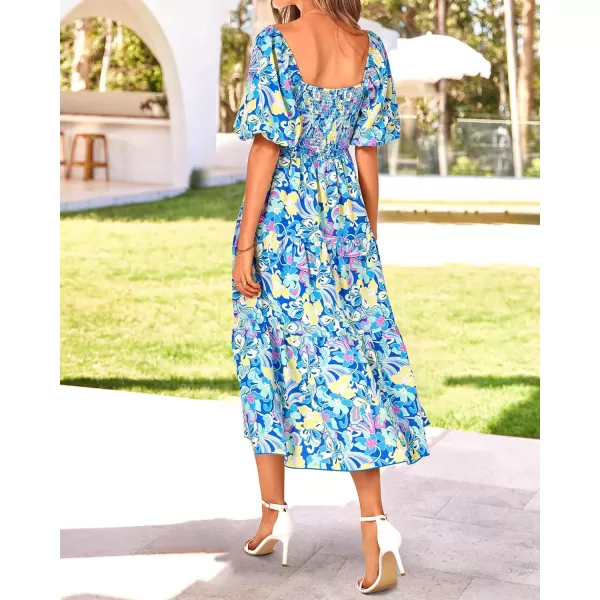 imageBTFBM Women Summer Dresses 2023 Casual Flowy Beach Square Neck Puff Short Sleeve Smocked Back Boho Floral Long Maxi DressPrint Blue