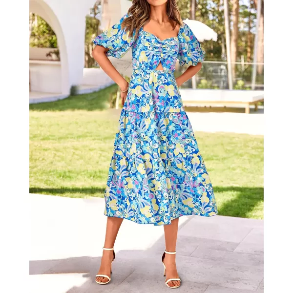 imageBTFBM Women Summer Dresses 2023 Casual Flowy Beach Square Neck Puff Short Sleeve Smocked Back Boho Floral Long Maxi DressPrint Blue