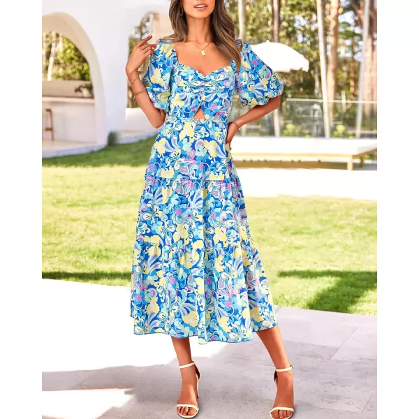 imageBTFBM Women Summer Dresses 2023 Casual Flowy Beach Square Neck Puff Short Sleeve Smocked Back Boho Floral Long Maxi DressPrint Blue