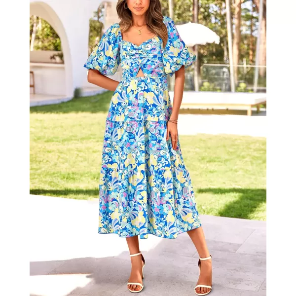 imageBTFBM Women Summer Dresses 2023 Casual Flowy Beach Square Neck Puff Short Sleeve Smocked Back Boho Floral Long Maxi DressPrint Blue