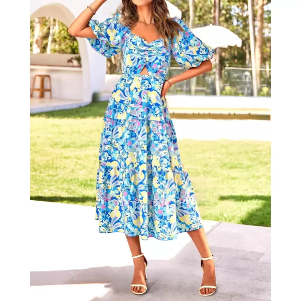 imageBTFBM Women Summer Dresses 2023 Casual Flowy Beach Square Neck Puff Short Sleeve Smocked Back Boho Floral Long Maxi DressPrint Blue