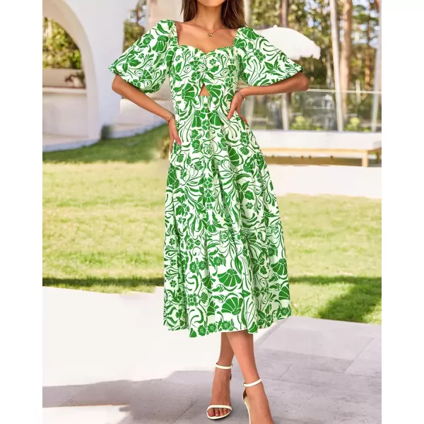 imageBTFBM Women Summer Dresses 2023 Casual Flowy Beach Square Neck Puff Short Sleeve Smocked Back Boho Floral Long Maxi DressPrint Grass Green