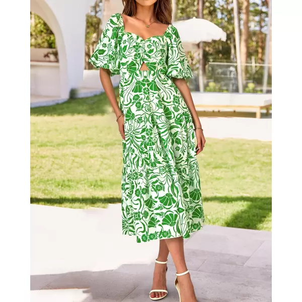 imageBTFBM Women Summer Dresses 2023 Casual Flowy Beach Square Neck Puff Short Sleeve Smocked Back Boho Floral Long Maxi DressPrint Grass Green